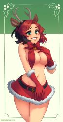 Rule 34 | 1girl, animal ears, artist name, bare shoulders, bell, belt, black hair, bow, breasts, christmas, cowboy shot, deer ears, fake animal ears, fake antlers, fur-trimmed gloves, fur-trimmed skirt, fur trim, gloves, green eyes, grin, groin, highres, jingle bell, large breasts, looking at viewer, monorus, multicolored hair, navel, neck bell, original, parted lips, red gloves, red hair, remi (monorus), santa costume, short hair, simple background, skirt, smile, solo, streaked hair, two-tone hair