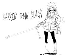 Rule 34 | 00s, 1girl, angry, anti-materiel rifle, bag, bolt action, boots, coat, darker than black, female focus, full body, furious, greyscale, gun, monochrome, pantyhose, pigeon-toed, ptrd-41, rage (rojiura), rifle, sniper rifle, solo, suou pavlichenko, weapon, white background