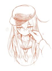 Rule 34 | ..., 10s, 1girl, anchor symbol, cheek pinching, facing viewer, gou (double trigger), hair between eyes, hand on another&#039;s cheek, hand on another&#039;s face, hat, hibiki (kancolle), kantai collection, long hair, looking away, monochrome, pinching, school uniform, simple background, sketch, solo focus, speech bubble, spoken ellipsis, twitter username, uniform, upper body, white background
