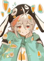 Rule 34 | 1boy, animal ears, animal hat, blush, carrot, fake animal ears, genshin impact, green sweater, grey background, hat, head rest, highres, kaedehara kazuha, long sleeves, low ponytail, male focus, multicolored hair, rabbit ears, rabbit hat, red eyes, red hair, smile, smiley face, solo, sticker on face, sweater, teeth, white hair, xiaolvzijiang