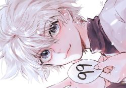 Rule 34 | 1boy, :3, blue eyes, closed eyes, holding, hunter x hunter, killua zoldyck, long sleeves, looking at viewer, male focus, portrait, short hair, sideways, simple background, smile, solo, spiked hair, turtleneck, white background, white hair, wz (woyzeck)