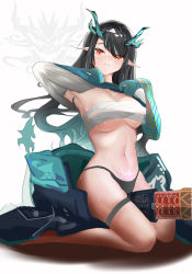 Rule 34 | 1girl, andersonalac, arknights, armpits, bad id, bad pixiv id, bandages, black hair, black panties, blush, breasts, chest sarashi, chinese commentary, clothes lift, commentary request, dusk (arknights), head tilt, highres, horns, lifted by self, long hair, looking at viewer, medium breasts, midriff, navel, nose blush, panties, pubic tattoo, red eyes, sarashi, seiza, simple background, sitting, solo, stomach, strapless, sui logo, tattoo, thigh strap, thighs, tube top, underwear, white background