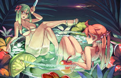 Rule 34 | 2girls, ahoge, artist name, back, bikini, blush, breasts, brown eyes, cherry, cleavage, cocktail, cocktail glass, crossed legs, cup, drink, drinking glass, dusk, flower, food, fruit, green bikini, green eyes, green hair, hair between eyes, hair bobbles, hair flower, hair ornament, hairband, horizon, in container, in cup, junkpuyo, knees up, large breasts, leaning back, leg up, legs together, lime (fruit), lime slice, long hair, long legs, looking at viewer, looking back, mini person, minigirl, multiple girls, nape, no socks, open mouth, orange hair, original, outdoors, partially submerged, popsicle, reclining, red bikini, red hair, sandals, side-tie bikini bottom, small breasts, strap gap, striped bikini, striped clothes, sunset, swimsuit, twintails