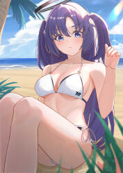 1girl absurdres akzk beach bikini blue_archive blue_eyes blue_sky blurry breasts cleavage cloud day depth_of_field feet_out_of_frame frown hair_between_eyes halo highres horizon knees_up legs lens_flare long_hair looking_at_viewer mechanical_halo medium_breasts ocean outdoors palm_tree purple_eyes sidelocks sitting sky solo summer swimsuit thighs tree underboob v-shaped_eyebrows white_bikini yuuka_(blue_archive)