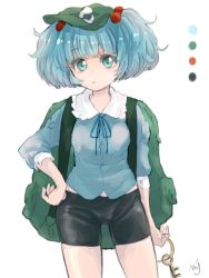 Rule 34 | 1girl, backpack, bag, bike shorts, blue eyes, blue hair, hair bobbles, hair ornament, hand on own hip, hat, kawashiro nitori, key, looking at viewer, matching hair/eyes, meiji (charisma serve), short hair, solo, touhou, twintails, two side up