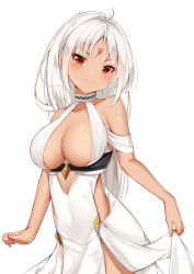 Rule 34 | 1girl, absurdres, azur lane, bad id, bad pixiv id, bare arms, bare shoulders, blush, body markings, breasts, catnnn, choker, cleavage, closed mouth, collarbone, commentary, contrapposto, cowboy shot, criss-cross halter, dark-skinned female, dark skin, dress, facial mark, forehead mark, halterneck, highres, large breasts, long hair, looking at viewer, massachusetts (azur lane), massachusetts (dressed to impress) (azur lane), native american, red eyes, smile, solo, symbol-only commentary, white dress, white hair