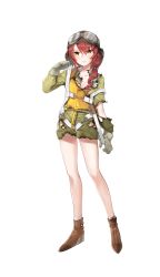 Rule 34 | 1girl, aviator cap, brown footwear, cherry bond, drill hair, formation girls, full body, gloves, goggles, goggles on headwear, highres, kazune (baumkuchen), necktie, official art, red hair, shoes, solo, standing, torn clothes, transparent background, vest, yellow eyes, yellow vest
