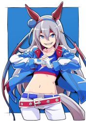 Rule 34 | 1girl, :d, animal ears, belt, blue background, blue eyes, blue jacket, commentary request, cracking knuckles, cropped legs, ear covers, fingerless gloves, fist in hand, gloves, grey hair, hair between eyes, hairband, headband, highres, horse ears, horse girl, horse tail, jacket, long hair, long sleeves, looking at viewer, navel, open mouth, pants, smile, solo, stomach, tail, tamamo cross (umamusume), two-tone background, umamusume, wakoudo, white background, white gloves, white pants