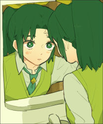 Rule 34 | 10s, 1girl, adjusting hair, amasawa, bad id, bad pixiv id, expressionless, eyelashes, faucet, green eyes, green hair, green necktie, green sweater vest, hair ornament, matching hair/eyes, midorikawa nao, mirror, necktie, ponytail, precure, reflection, smile precure!, solo, sweater vest