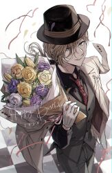Rule 34 | 1boy, absurdres, black hat, black ribbon, black shirt, blonde hair, blue eyes, bouquet, braid, bungou stray dogs, checkered floor, collared shirt, confetti, cowboy shot, dated, fedora, flower, french braid, gloves, grey pants, grey vest, hair over one eye, hair ribbon, hand on own hip, happy birthday, hat, haveanicedream, highres, holding, holding bouquet, jacket, jacket on shoulders, lapel pin, long hair, looking at viewer, low ponytail, male focus, necktie, pants, parted lips, paul verlaine (bungou stray dogs), print necktie, purple flower, purple rose, red necktie, ribbon, rose, shirt, smile, solo, streamers, vest, white gloves, white jacket, yellow flower, yellow rose