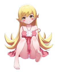 Rule 34 | 1girl, absurdres, bare legs, bare shoulders, barefoot, blonde hair, blush, blush stickers, bow, breasts, dress, dress bow, feet, full body, hair between eyes, highres, jewelry, long hair, monogatari (series), mushi (1756559585), oshino shinobu, panties, pink bow, pink dress, sidelocks, simple background, sitting, small breasts, solo, transparent background, underwear, very long hair, white background, white panties, yellow eyes