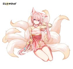 Rule 34 | 1girl, animal ear fluff, animal ears, arm up, closers, dress, fox ears, fox tail, highres, kyuubi, long hair, long sleeves, looking at viewer, luna aegis (closers), multiple tails, official art, pink dress, pink hair, pink ribbon, purple eyes, ribbon, see-through, see-through sleeves, sitting, smile, solo, tail, thighs, very long hair