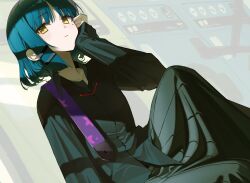 Rule 34 | 1girl, arm support, asymmetrical sidelocks, belt, black shirt, blue hair, bocchi the rock!, closed mouth, collarbone, collared shirt, grey skirt, hair ornament, hairclip, hand on own cheek, hand on own face, highres, knee up, long sleeves, looking at viewer, mole, mole under eye, multicolored background, pleated skirt, pro-p, purple belt, shadow, shirt, short hair, simple background, sitting, skirt, solo, star (symbol), yamada ryo, yellow eyes