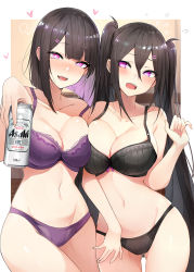 Rule 34 | 2girls, :d, alcohol, bare shoulders, beer can, black bra, black panties, blush, bob cut, bra, breast press, breasts, can, cleavage, collarbone, colored inner hair, commentary request, cowboy shot, drink can, hair between eyes, hair ornament, hairclip, heart, highres, holding, holding can, large breasts, long hair, looking at another, looking at viewer, looking to the side, luse maonang, medium hair, mother and daughter, multicolored hair, multiple girls, navel, open mouth, original, outside border, panties, pink eyes, purple bra, purple panties, sharp teeth, smile, standing, stomach, symmetrical docking, teeth, thighs, twintails, underwear, underwear only, very long hair, yuuki mama, yuuki nanase