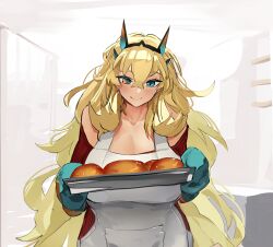 Rule 34 | 1girl, apron, baking sheet, barghest (fate), blonde hair, blue eyes, bread bun, breasts, cleavage, closed mouth, collarbone, crossed bangs, earrings, fairy knight gawain (like a lady) (fate), fate/grand order, fate (series), food, hair between eyes, heterochromia, highres, holding pan, horns, indoors, jewelry, kitchen, large breasts, light blush, long hair, looking down, obazzotto, off-shoulder sweater, off shoulder, orange eyes, oven mitts, red sweater, ribbed sweater, sketch background, smile, solo, sweater, upper body, very long hair, white apron