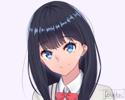 Rule 34 | 10s, 1girl, artist name, black hair, blue eyes, bow, cardigan, close-up, closed mouth, collared shirt, dahadekan, grey background, gridman universe, long hair, looking at viewer, red bow, shirt, simple background, smile, solo, ssss.gridman, takarada rikka, white shirt