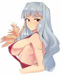 Rule 34 | 1girl, backless outfit, blush, breasts, covered erect nipples, dress, highres, idolmaster, idolmaster (classic), large breasts, leaf, long hair, looking at viewer, looking to the side, red dress, red eyes, shijou takane, sideboob, silver hair, simple background, solo, strap gap, tuxedo de cat, white background