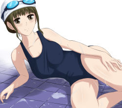 Rule 34 | 10s, 1girl, arm support, breasts, brown eyes, brown hair, collarbone, covered erect nipples, goggles, hanasaku iroha, large breasts, one-piece swimsuit, oshimizu nako, q q 958023, school swimsuit, smile, solo, swim cap, swimsuit, tile floor, tiles, wet