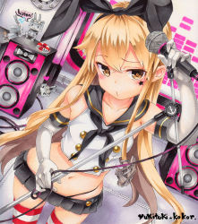 Rule 34 | 10s, 1girl, artist name, black neckerchief, black sailor collar, black skirt, blonde hair, collarbone, crop top, elbow gloves, gloves, hair between eyes, heart, holding, holding microphone, kantai collection, long hair, microphone, miniskirt, musical note, neckerchief, pleated skirt, quaver, rensouhou-chan, sailor collar, shimakaze (kancolle), skirt, sleeveless, solo, striped clothes, striped thighhighs, thighhighs, traditional media, white gloves, yellow eyes, yukitsuki kokoro