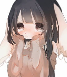 Rule 34 | 1girl, :t, animal ears, black hair, blush, body fur, brown sweater, crying, crying with eyes open, female focus, fox ears, furry, furry female, halterneck, hands on own face, highres, long hair, meg (115meg), original, simple background, sleeves past wrists, solo, sweater, tears, white background