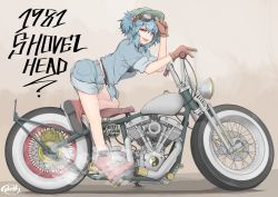 Rule 34 | 1girl, :d, artist name, blue eyes, blue hair, boots, brown gloves, cube85, from side, full body, gloves, goggles, goggles on head, hair bobbles, hair ornament, hat, kawashiro nitori, looking at viewer, looking to the side, matching hair/eyes, motor vehicle, motorcycle, open clothes, open mouth, open shirt, red footwear, rubber boots, shirt, short hair, shorts, smile, smoke, solo, tied shirt, touhou, two side up, undershirt