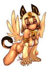 Rule 34 | 1girl, 31107029, all fours, animal ears, animal hands, bad id, bad pixiv id, blonde hair, bracelet, breasts, chimera, cleavage, dark-skinned female, dark skin, ear piercing, earrings, egyptian, gold, hairband, highres, jewelry, loincloth, monster girl, neck ring, necklace, o-ring, o-ring top, original, piercing, puzzle &amp; dragons, short hair, smile, snake, snake head tail, snake tail, solo, sphinx, tail, wings, yellow eyes