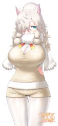 Rule 34 | 10s, 1girl, absurdres, alpaca ears, alpaca suri (kemono friends), alternate breast size, alternate hair length, alternate hairstyle, animal ears, aqua eyes, arm at side, arm behind back, artist name, beige vest, blonde hair, blouse, breast pocket, breasts, bursting breasts, chromatic aberration, cleavage, commentary request, covered mouth, cowboy shot, curvy, dated, dress shirt, extra ears, fur-trimmed vest, fur collar, fur trim, hair over one eye, highres, horizontal pupils, huge breasts, kemono friends, long hair, long sleeves, looking at viewer, micro shorts, pantyhose, pocket, shirt, short shorts, shorts, signature, simple background, solo, standing, thigh gap, vest, white background, white pantyhose, white shirt, wide hips, yoshida hideyuki