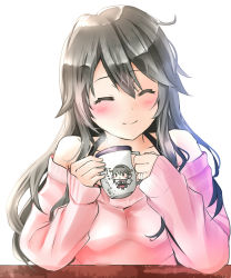 Rule 34 | 1girl, 9610 (kuroto), alternate costume, blush, closed eyes, cup, grey hair, hair ornament, hairclip, haruna (kancolle), highres, holding, holding cup, kantai collection, long hair, long sleeves, mug, off shoulder, pink sweater, solo, sweater, upper body