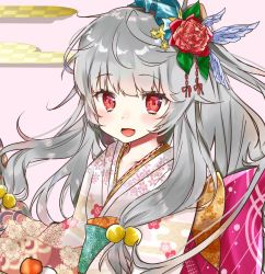 Rule 34 | 1girl, :d, beads, blush, bow, breasts, close-up, floral print, flower, grey hair, hair beads, hair flower, hair ornament, highres, hoshimiya nazuna, japanese clothes, kimono, large bow, long hair, looking at viewer, obi, one side up, open mouth, original, pink background, pink bow, red eyes, red flower, sash, simple background, small breasts, smile, solo, upper body, white kimono