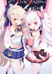 Rule 34 | 2girls, animal ears, ayanami (azur lane), ayanami (low-key idol @confused) (azur lane), ayanami (low-key idol @confused) (azur lane), azur lane, bare shoulders, black choker, blue bow, blue skirt, bow, breasts, choker, commentary request, detached sleeves, frilled skirt, frills, glowstick, hair between eyes, hair bow, hair ornament, hairband, hairclip, headgear, headset, high ponytail, highres, holding hands, interlocked fingers, kokone (coconeeeco), laffey (azur lane), laffey (bunny idol @unmotivated) (azur lane), light brown hair, long hair, long sleeves, looking at viewer, multiple girls, pantyhose, parted lips, pink bow, pink skirt, plaid, plaid bow, plaid skirt, pleated skirt, ponytail, rabbit ears, red eyes, red hairband, shirt, silver hair, single strap, skirt, sleeveless, sleeveless shirt, small breasts, thighhighs, twintails, very long hair, white legwear, white shirt, white sleeves, wide sleeves
