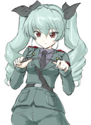 Rule 34 | 10s, 1girl, anchovy (girls und panzer), anzio military uniform, black ribbon, breasts, drill hair, female focus, girls und panzer, green hair, hair ribbon, highres, long hair, looking at viewer, red eyes, ribbon, skirt, twin drills, twintails