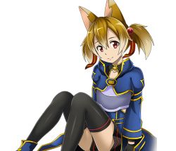 Rule 34 | 1girl, animal ears, armor, black gloves, black skirt, black thighhighs, breastplate, brown hair, cat ears, collarbone, gloves, hair between eyes, hair ribbon, long hair, looking at viewer, miniskirt, pleated skirt, red eyes, red ribbon, ribbon, short twintails, silica, silica (sao-alo), sitting, skirt, smie, solo, sword art online, thighhighs, transparent background, twintails, zettai ryouiki