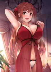 Rule 34 | 1girl, :d, arm behind head, arm up, babydoll, blush, breasts, breath, brown eyes, brown hair, chair, chandelier, cleavage, commentary request, commission, curtains, hair ribbon, highres, huge breasts, indoors, kannko bokujou, large breasts, long hair, navel, nozomi (princess connect!), open mouth, panties, photo (object), pillow, plant, princess connect!, red ribbon, ribbon, see-through, sidelocks, skeb commission, smile, solo, standing, thighs, two side up, underbust, underwear, white panties