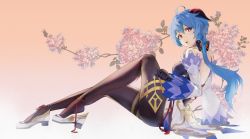 Rule 34 | 1girl, ahoge, back, backless outfit, black gloves, blue hair, blush, bow, breasts, detached sleeves, floral background, full body, ganyu (genshin impact), genshin impact, gloves, gold trim, high heels, horns, knees up, long hair, looking at viewer, low ponytail, medium breasts, open mouth, peagunz, purple eyes, sitting, solo, tassel, thighlet, waist cape, white sleeves