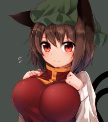 Rule 34 | 1girl, alternate breast size, animal ears, breasts, brown hair, cat ears, cat tail, chen, closed mouth, flying sweatdrops, green hat, grey background, hands up, hat, highres, large breasts, long sleeves, medium hair, midori (misuriru8), mob cap, multiple tails, red eyes, red vest, shirt, simple background, solo, tail, touhou, two tails, upper body, vest, white shirt