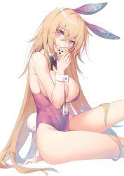 Rule 34 | 1girl, absurdres, animal ears, arm support, bare shoulders, black survival, blonde hair, blush, bow, bowtie, breasts, bursting breasts, cellphone, cleavage, closed mouth, covered navel, crossed bangs, detached collar, eternal return: black survival, eva (black survival), fake animal ears, fake tail, hair between eyes, highleg, highleg leotard, highres, holding, holding phone, hop3, id card, lanyard, large breasts, leotard, long hair, looking at viewer, nail polish, phone, pink eyes, pink leotard, playboy bunny, rabbit ears, rabbit tail, simple background, sitting, smartphone, smile, solo, strapless, strapless leotard, tail, traditional bowtie, very long hair, white background, wrist cuffs