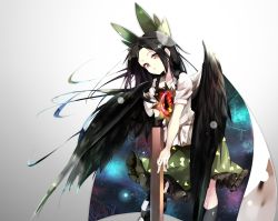 Rule 34 | 1girl, arm cannon, black hair, black wings, bow, cape, gorilla (bun0615), gradient background, green bow, green skirt, grey background, hair bow, highres, long hair, looking at viewer, puffy sleeves, red eyes, reiuji utsuho, shirt, short sleeves, simple background, skirt, solo, touhou, weapon, white shirt, wings