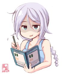 Rule 34 | 1girl, alternate costume, artist logo, blue eyes, braid, casual, commentary request, dated, empty eyes, highres, kanon (kurogane knights), kantai collection, long hair, notebook, parted bangs, pen, shaded face, silver hair, simple background, single braid, solo, umikaze (kancolle), very long hair, white background
