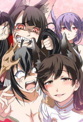 Rule 34 | 4girls, ahoge, akagi (azur lane), angry, animal ears, atago (azur lane), azur lane, bare shoulders, black hair, blush, breasts, brown eyes, cleavage, closed mouth, collarbone, commentary request, eating hair, expressionless, extra ears, fangs, flower, grabbing another&#039;s hair, hair between eyes, hair flower, hair ornament, hair ribbon, half-closed eyes, hand up, jacket, japanese clothes, junyou (azur lane), kimono, long hair, looking at viewer, mask, mask on head, military, military uniform, mole, mole under eye, multiple girls, off shoulder, open mouth, ponytail, purple hair, red eyes, red kimono, ribbon, smile, steed (steed enterprise), sweat, sweatdrop, swept bangs, taihou (azur lane), tearing up, twintails, uniform, veins, very long hair, white ribbon