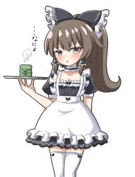 Rule 34 | 1girl, :&lt;, alternate costume, alternate hairstyle, apron, arm behind back, black bow, black dress, black skirt, bow, breasts, brown eyes, brown hair, cleavage, commentary, cup, dress, enmaided, frilled bow, frilled hair tubes, frills, hair bow, hair tubes, hakurei reimu, highres, holding, holding tray, looking at viewer, maid, maid apron, ponytail, short sleeves, simple background, skirt, small breasts, solo, steam, thighhighs, touhou, translation request, tray, triangle mouth, waist apron, white background, white thighhighs, yunomi, zenji029