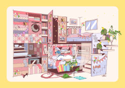 Rule 34 | 1girl, barefoot, bed, blue eyes, blue hair, book, bookshelf, border, cabbage, cabinet, can, clothes hanger, dishes, drink can, drinking straw, food, fruit, high heels, highres, holding, holding book, hose, indoors, lemon, light brown hair, lying, magatan, microwave, multicolored hair, no pants, no smoking, on stomach, original, painting (object), pillow, shelf, shirt, shoes, short sleeves, soda can, solo, speaker, sticky note, tree, two-tone hair, unworn shoes, water, white shirt, wide shot, window, yellow border