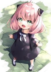 Rule 34 | 1girl, :d, absurdres, ahoge, anya (spy x family), black dress, black footwear, blush, child, dot nose, dress, green eyes, hane yuki, highres, horn ornament, horns, looking at viewer, medium hair, open hands, open mouth, outstretched arms, pink hair, shoes, smile, socks, solo, spy x family, swept bangs, tile floor, tiles