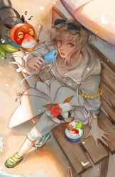 Rule 34 | 1boy, absurdres, bench, blanca (fate), blue eyes, blush stickers, brown hair, caterpillar, coat, eyelashes, eyewear on head, fate/grand order, fate (series), flower, food, fruit, hibiscus, highres, holding, holding food, holding popsicle, holding spoon, ice cream, lime (fruit), lime slice, long sleeves, male focus, musical note, oberon (fate), open mouth, pants, popsicle, renrenka noi, sandals, shaved ice, signature, sitting, solo, spoon, strawberry, sunglasses, white coat, white pants