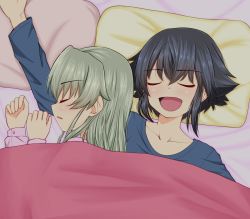 Rule 34 | 10s, 2girls, alternate hairstyle, anchovy (girls und panzer), bed, blush, collarbone, closed eyes, from above, girls und panzer, green hair, hair down, happy, long hair, lying, multiple girls, on back, on bed, on side, open mouth, pepperoni (girls und panzer), pillow, ruka (piyopiyopu), sleeping, sleepwear, under covers