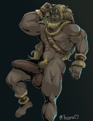 Rule 34 | 1boy, abs, absurdres, aliveyozora, bara, beard, connected beard, dark-skinned male, dark skin, erection, facial hair, feet out of frame, full beard, girthy penis, hades (series), hades 2, heracles (hades), highres, huge penis, large pectorals, lion hood, long beard, long hair, looking at penis, male focus, male pubic hair, mature male, muscular, muscular male, mustache, navel, navel hair, nipples, pectorals, penis, pubic hair, solo, thick beard, thick eyebrows, thick mustache, thick thighs, thighs, uncensored, v-taper