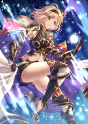 Rule 34 | 1girl, ahoge, armpits, belt, black footwear, black gloves, black hairband, blonde hair, blue background, breasts, brown eyes, cape, closed mouth, commentary, detached leggings, djeeta (granblue fantasy), earrings, elbow gloves, english commentary, gloves, glowing, granblue fantasy, hairband, high heels, holding, jewelry, leg up, medium breasts, midriff, petals, red shorts, serious, short hair, short shorts, shorts, shoulder pads, solo, sparkle, swept bangs, thighs, vambraces, villyane, white cape