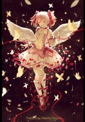 Rule 34 | 1girl, angel wings, bad id, bad pixiv id, bow, bubble skirt, bug, butterfly, copyright name, feathered wings, full body, gloves, hair bow, highres, iceblue, insect, kaname madoka, magical girl, mahou shoujo madoka magica, mahou shoujo madoka magica (anime), open mouth, petals, pink eyes, pink hair, pink ribbon, ribbon, skirt, smile, socks, solo, twintails, white gloves, white socks, wings