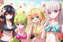 Rule 34 | 4girls, bikini, black bikini, black hair, blonde hair, blue bikini, blue eyes, breasts, bug, butterfly, clenched hand, cloud, collarbone, cross hair ornament, double v, eyewear on head, fang, flower, glasses, green eyes, green hair, hair ornament, hairclip, heart, heart-shaped eyewear, insect, jacket, knot, kushima kamome, large breasts, long hair, looking at viewer, medium breasts, multiple girls, naruse shiroha, navel, nomura miki, open clothes, open jacket, open mouth, pink bikini, pink eyes, plant, short hair, sky, smile, summer pockets, swimsuit, tagame (tagamecat), triangle mouth, tsumugi wenders, v, victory pose, water gun, white hair, yellow eyes