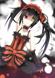 Rule 34 | 10s, 1girl, absurdres, black hair, breasts, cleavage, clock eyes, collar, collarbone, date a live, detached sleeves, dress, gothic lolita, gun, hairband, heterochromia, highres, holding, holding gun, holding weapon, lolita fashion, lolita hairband, long hair, looking at viewer, makadamixa, medium breasts, red eyes, red ribbon, ribbon, smile, solo, symbol-shaped pupils, tokisaki kurumi, twintails, weapon