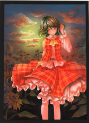 Rule 34 | 1girl, acrylic paint (medium), arm at side, ascot, belt, black border, border, cloud, cowboy shot, expressionless, field, flower, flower field, frilled skirt, frills, green hair, hand in own hair, head tilt, holding, holding hair, kazami yuuka, long sleeves, looking at viewer, mosho, open clothes, open vest, outdoors, painting (medium), plaid, plaid skirt, plaid vest, red eyes, shirt, short hair, skirt, solo, standing, sunflower, sunflower field, touhou, traditional media, untucked shirt, vest, watercolor (medium), white shirt, wind